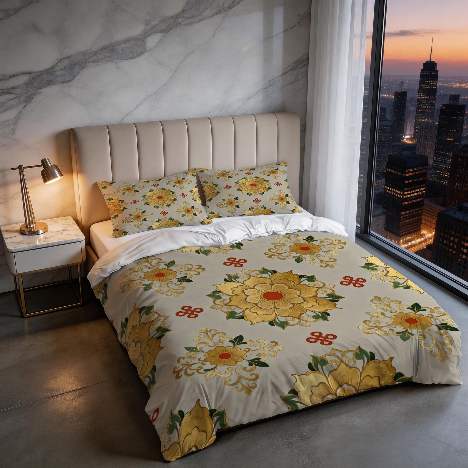 2/3 Piece Vintage Floral Mandala Duvet Cover Set, HD Digital Printed Comforter Cover, Soft Breathable All-Season Bedding Set with Zipper & Corner Ties, No Inserts for Bedroom Decor