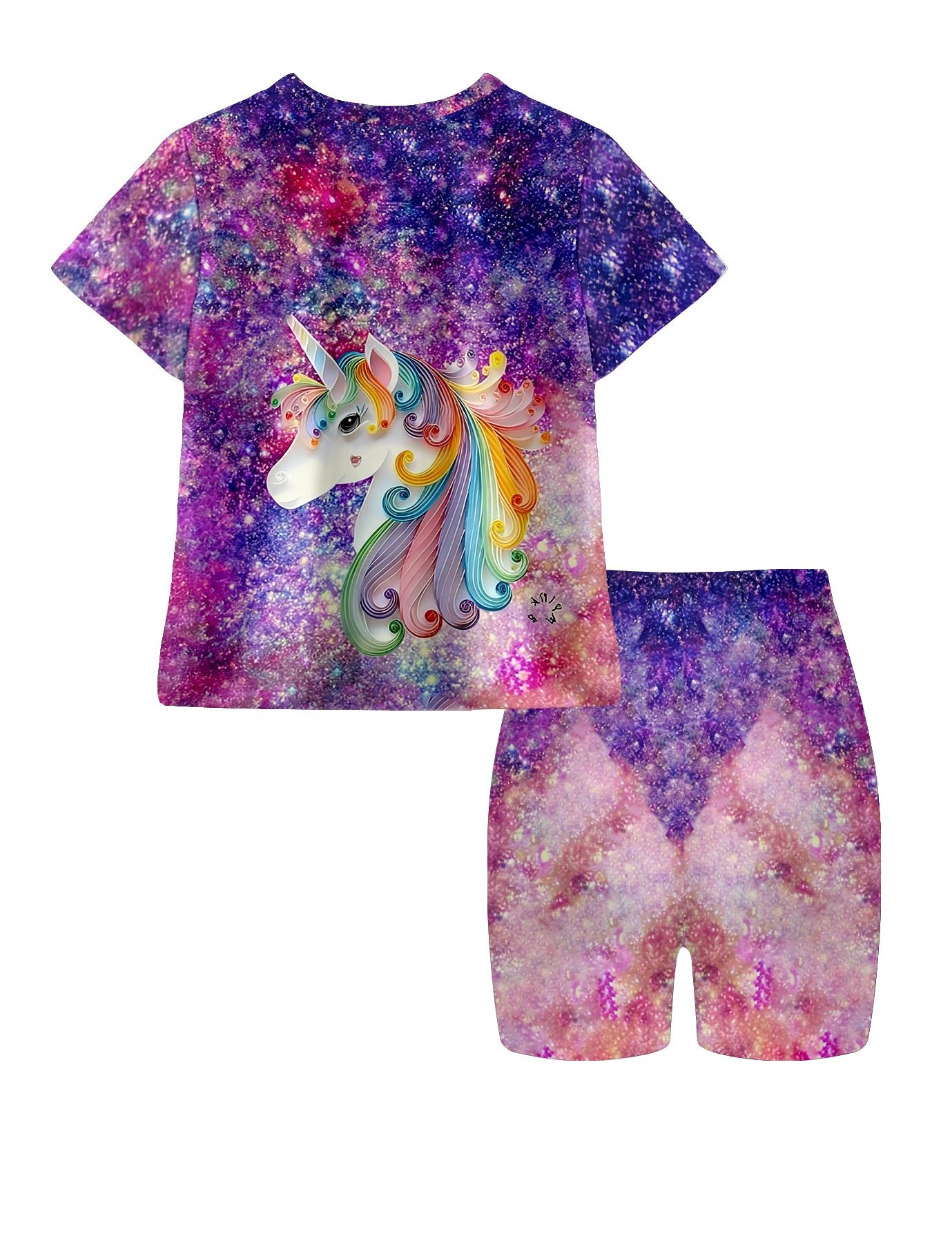 Girls Summer Rainbow Unicorn Galaxy Print Set, Kids Stylish Short Sleeve & Shorts Two-Piece Outfit