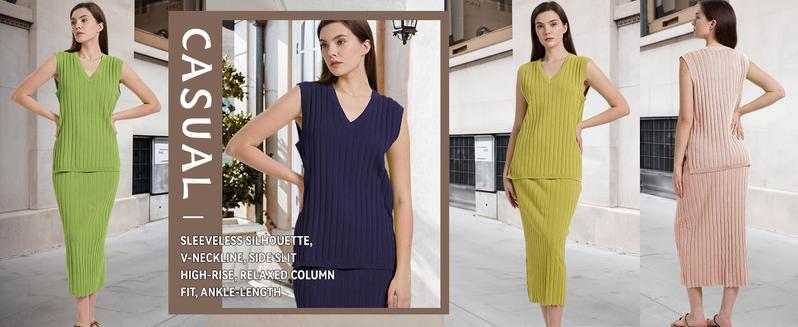 Kingapril Women's 2 Piece Sweater Skirt Sets Sleeveless V Neck Knit Ribbed Vest Tops Midi Skirt Basic Casual Fitted  Minimalist Suits