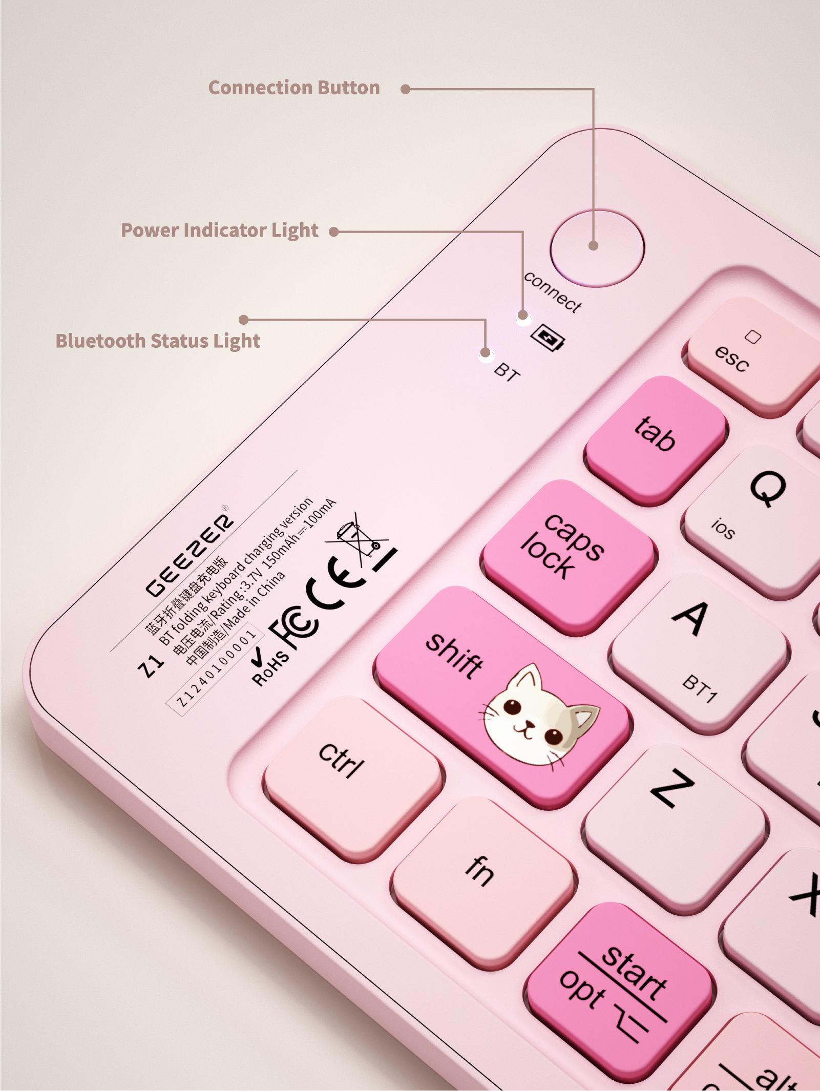 MOFii 1 Pc Z1 Pink Cat Foldable Bluetooth Keyboard, Rechargeable Portable Office Keyboard, Cute iPad Tablet Essential for Girls, US Qwerty