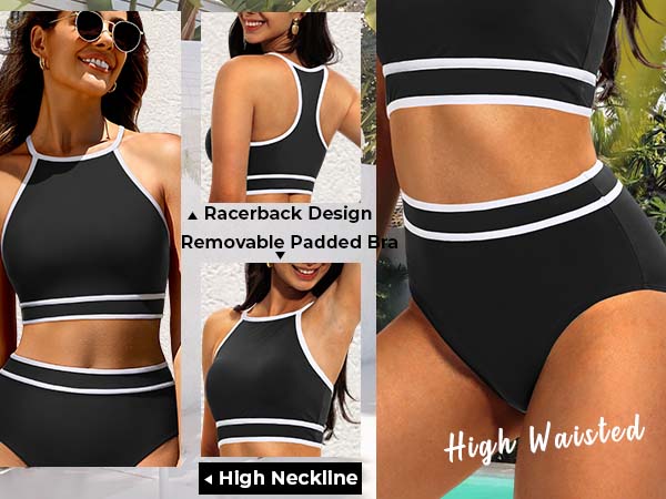 Tempt Me Women High Waisted Bikini Two Piece Swimsuit Sporty Bikini Sets Color Block Swimsuits High Neck Bathing Suit with Full Coverage Bikini Bottom Racerback Swim Crop Top with Tummy Control Bottom