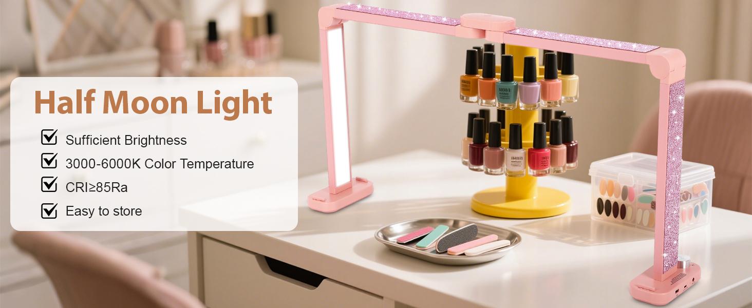 Half Moon Light for Nail Desk with Phone Holder, 34IN Foldable LED Lamp With Diamond, LED Light for Manicure, Eyelash Extension, Tattooing, Skin Management, Color Temperature 3000-6000K