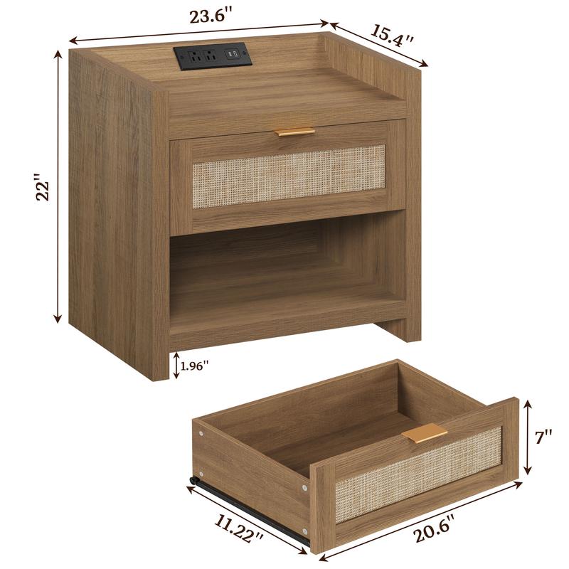 SICOTAS Night Stand Bed Side Table Set of 2- Rattan Nightstand with Type-C Charging Station, Drawer Storage End Table - 15.4" x 23.6" x 22.1" Size Boho Bedside Stand Night Stands for Bedroom Living Room Sofa Couch Office, Durable