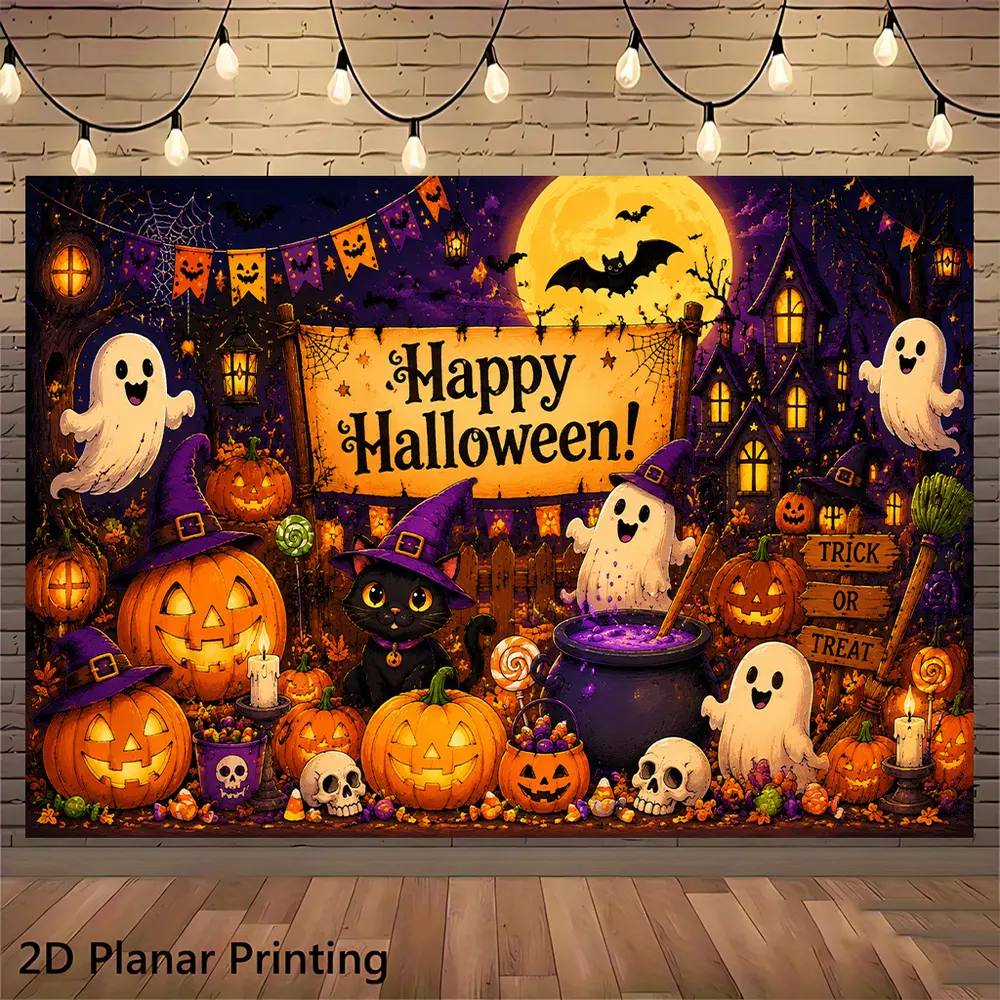 2D Flat Banner Halloween themed polyester photography backdrop, HD printed soft lightweight foldable background cloth, suitable for holiday parties, birthday photos, portraits, product photography, video studio shooting