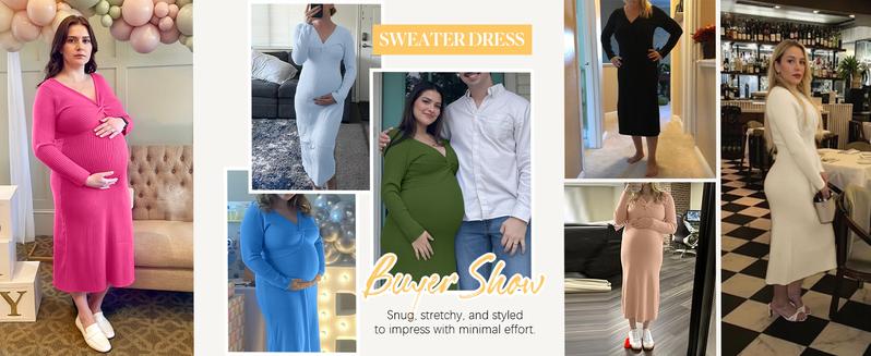 Wenrine Women's Ribbed Knit Dress Long Sleeve V Neck Casual Sweater Bodycon Dress Soft Elastic Comfortable Slim Fit Midi Dress for Spring Autumn Winter