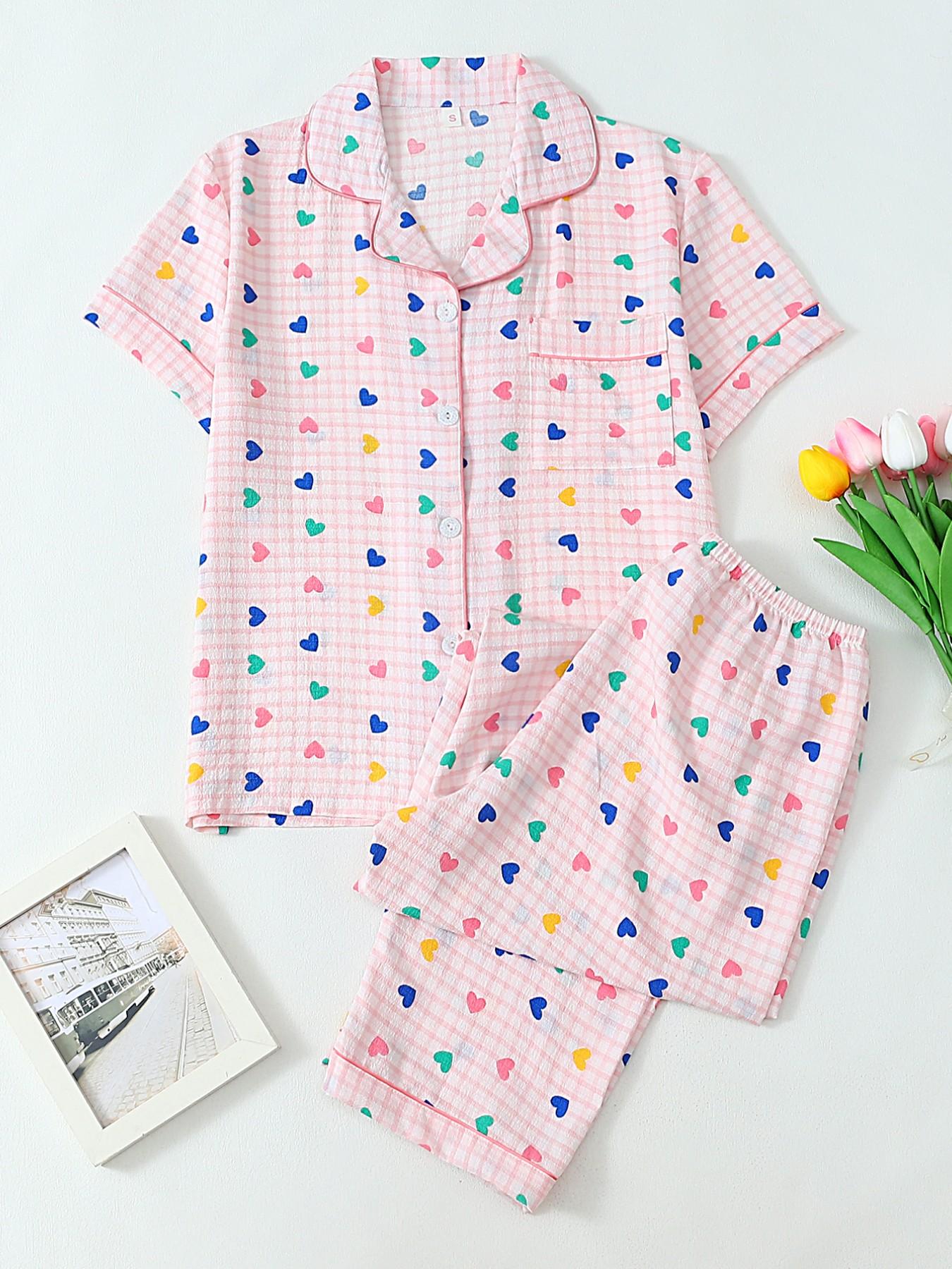 Women's Heart Print Short Sleeve Pajama, Casual Comfy Striped Print Lapel Neck Pocket Shirt & Pants PJ Set, Ladies Sleepwear for All Seasons, Loungewear