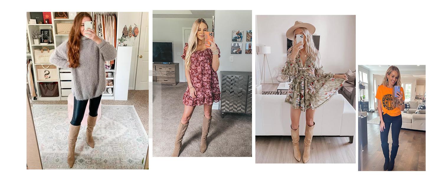 Coutgo Womens Pointed Toe Mid Chunky Heel Side Zipper Knee High Boots Tall Booties