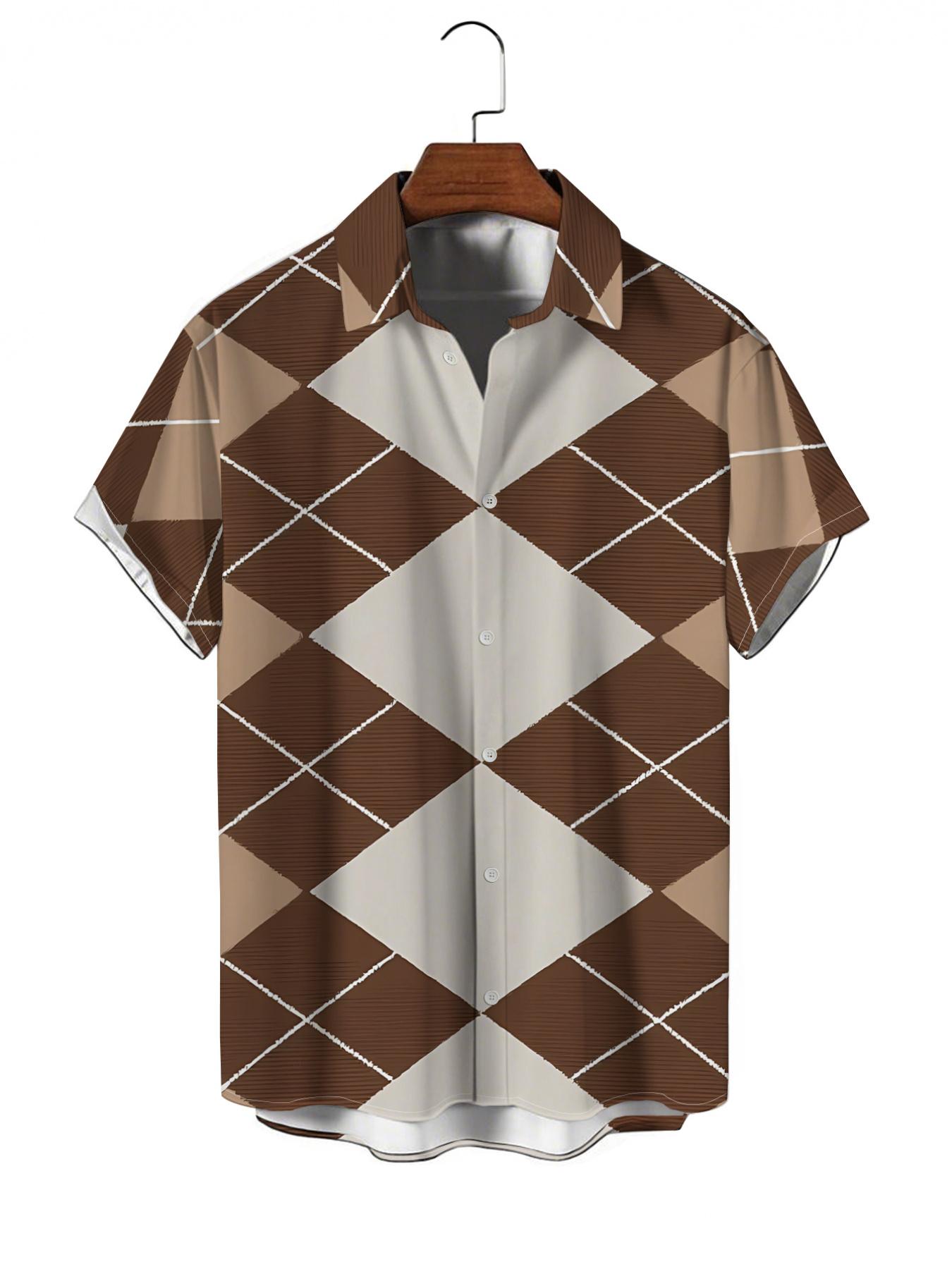 Men's Short-Sleeve Shirt - Flat Digital Print Pattern - No Texture - Diamond Check Pattern in Brown, Beige, and White, Fashionable and Simple Short Sleeve, Buttoned, Casual Collared Shirt, Stylish and Versatile, Suitable for Dates, Beach Vacations, a Perf