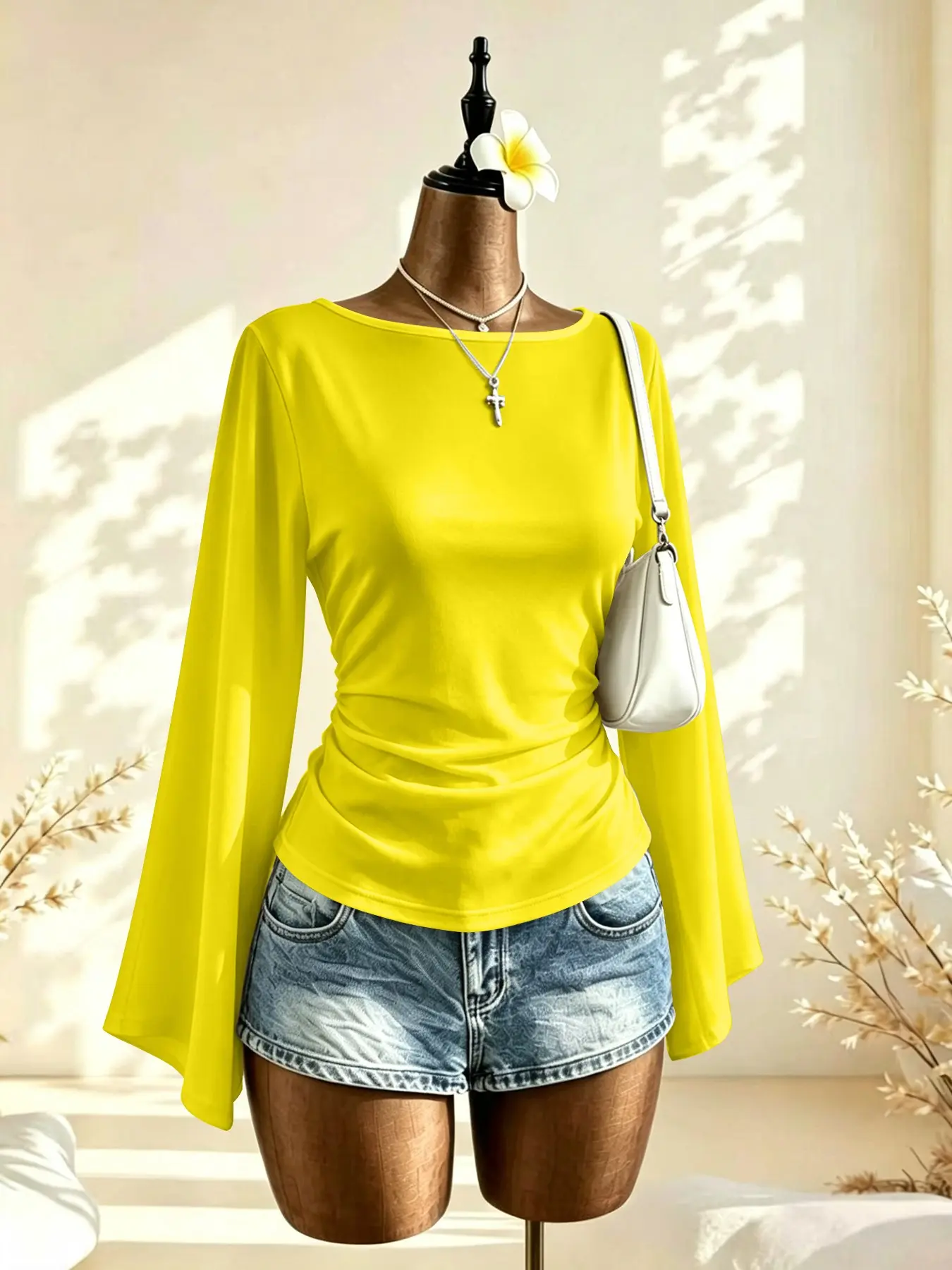 French Lazy Style Plain Color One-Shoulder Bell Sleeve Top, Side Pleat Waist Slimming Commuter Shirt, Choose 1/2 Pieces French Lazy Style Plain Color One-Shoulder Bell Sleeve Top, Side Pleat Waist Slimming Commuter Shirt, Choose 1/2 Pieces