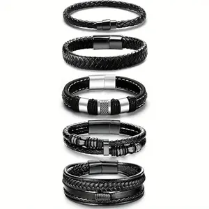 Unisex 5Pcs Braided Leather-Stainless Steel Bracelet Set - Adjustable Slider Bracelets, Stackable Cuff Bangles with Bold Look for Sports & Daily Leisure Wear