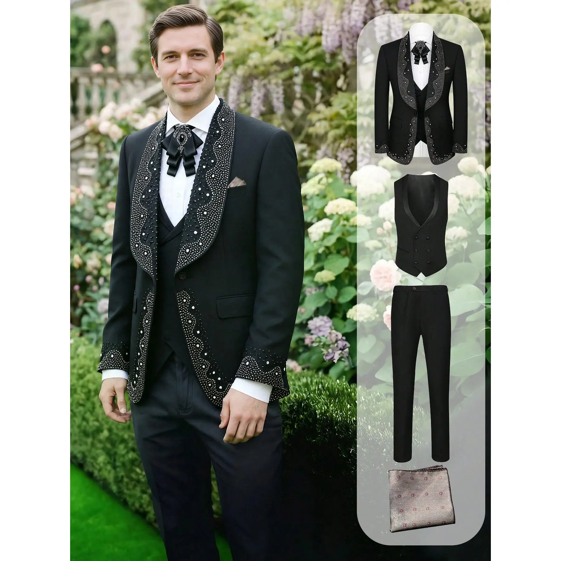 Men's Sparkly Rhinestone Shawl Collar Tuxedo Suit – 4-Piece Single-Breasted Formal Set for Weddings & Prom