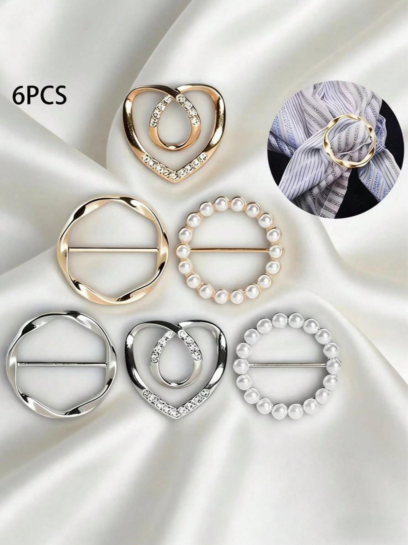 6-Piece Artificial Pearl Hollow Heart Jacket Sweater Badge Fashion Accessories, Silk Scarf Ring T-Shirt Clip, DIY Jewelry Set