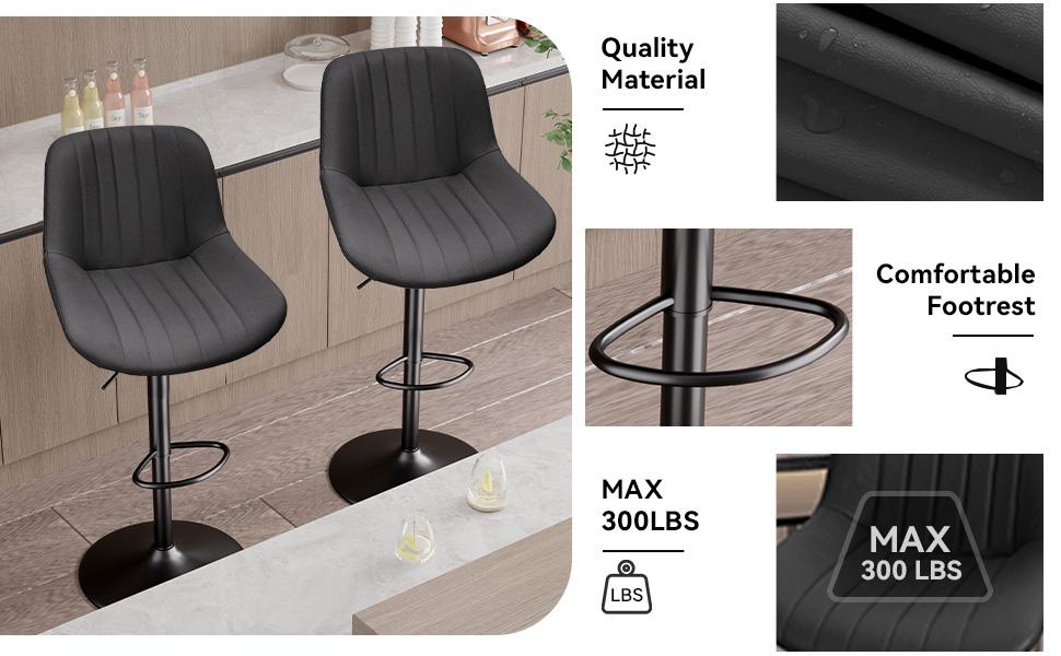 Bar Stools Set of 2, Adjustable Modern Swivel Bar Stools with Backs, Counter Height Performance Fabric Island Chairs for Home Kitchen, Black