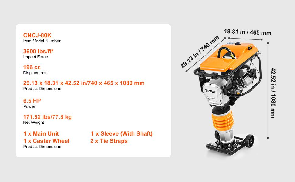 VEVOR Jumping Jack Compactor, 6.5 HP Vibratory Rammer Fuel-Powered 196 cc Engine Tamper, 3600 lbs Impact Force, 26 Max Compaction Depth, Four-Spring, for Soil, Gravel, Concrete Slabs, Foundations VEVOR Jumping Jack Compactor, 6.5 HP Vibratory Rammer Fuel-Powered 196 cc Engine Tamper, 3600 lbs Impact Force, 26 Max Compaction Depth, Four-Spring, for Soil, Gravel, Concrete Slabs, Foundations