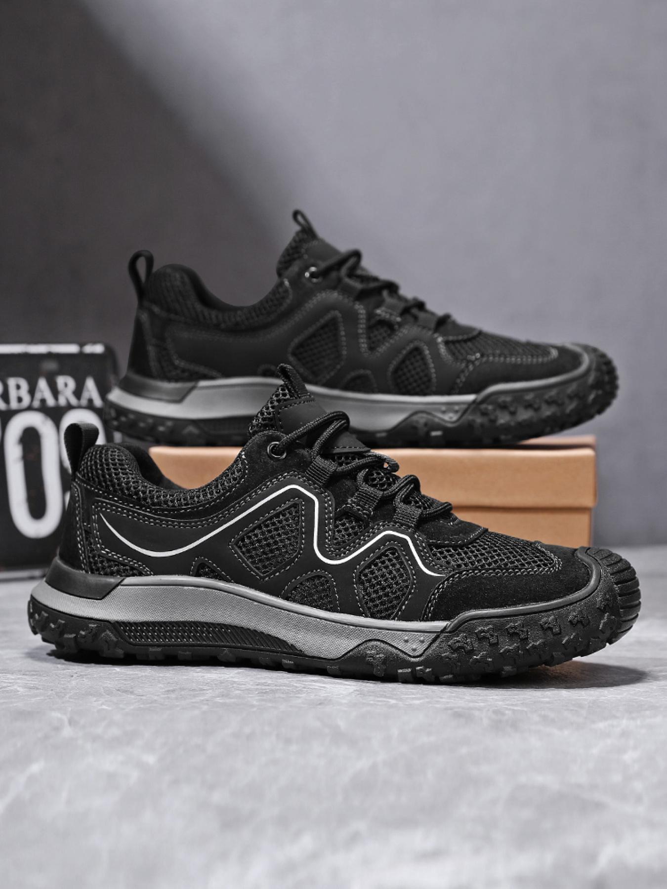 Men's Solid Color Mesh Breathable Outdoor Hiking Shoes Drawstring Toe Cap Trekking Shoes Non-Slip Wear-Resistant Casual Sneakers