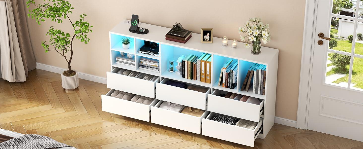 Dresser for Bedroom with 6 Drawers, Chest of Drawers with Led Lights&Charging Station, Storage Drawers with 7 Open Cubbies cicada  drawer nursery  dresser living room drawer