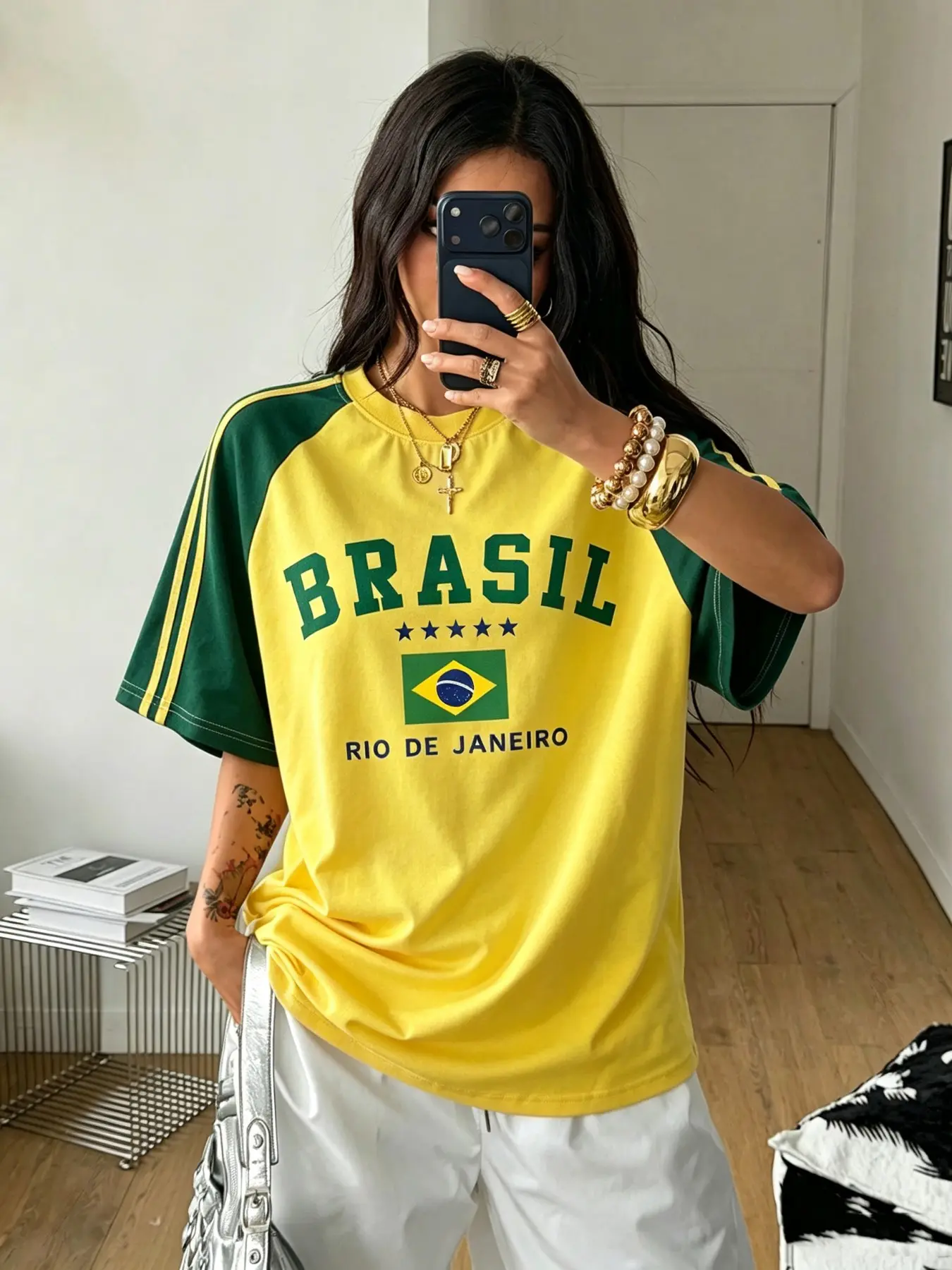 Women Bird Eye Mesh Raglan Short Sleeve T-Shirt, Brasil Rio Flag Graphic Color Block Striped Loose Tee, Brazilcore Y2K Streetwear Top, Vintage Sport Aesthetic, Summer Outdoor Sport Shirts for Teen Girls