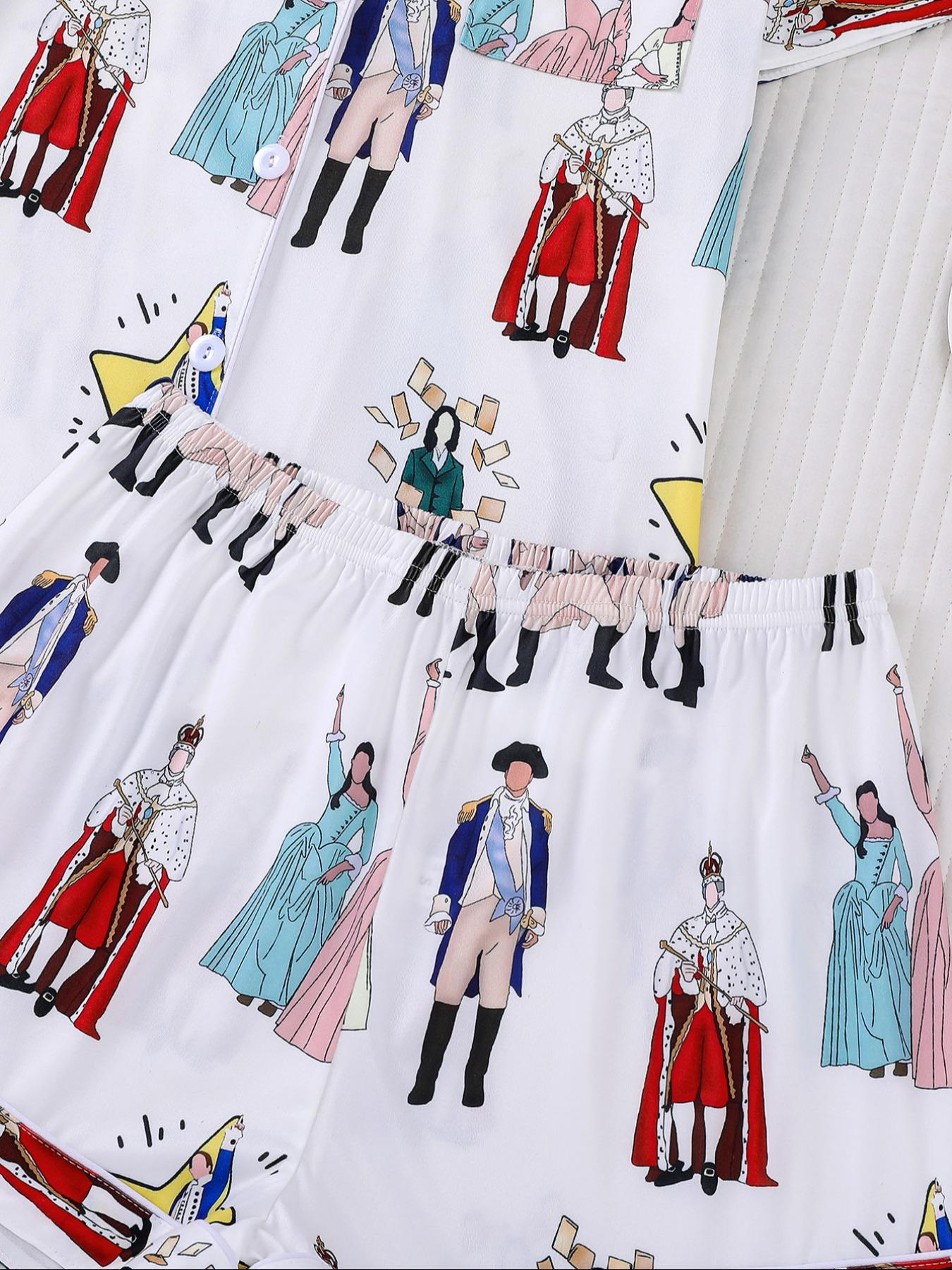 Hamilton Musical Themed Women's Pajama Set, Short Sleeve Shirt Collar Button Soft Top & Elastic Shorts, Casual Home Wear
