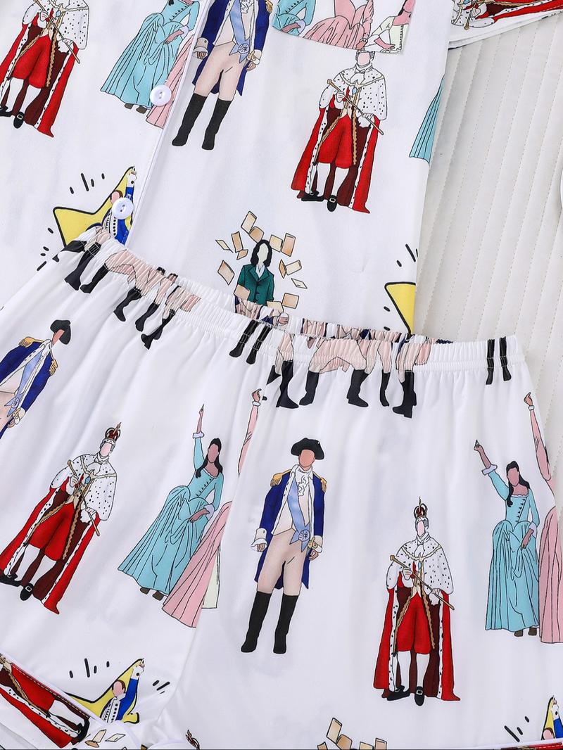 Hamilton Musical Themed Women's Pajama Set, Short Sleeve Shirt Collar Button Soft Top & Elastic Shorts, Casual Home Wear