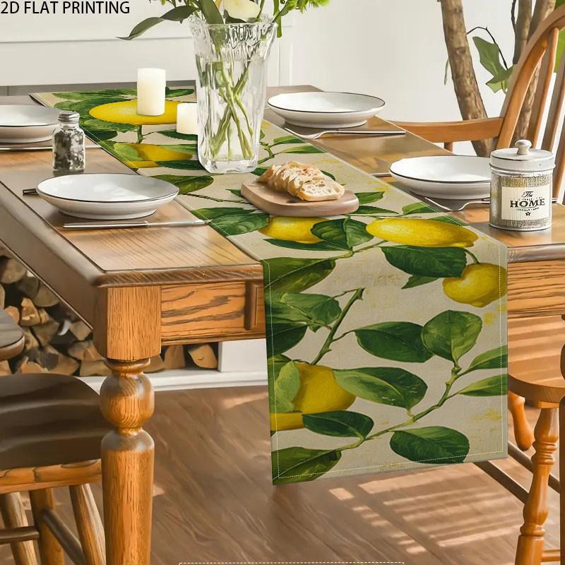 2D flat printing, 5-piece/7-piece watercolor lemon table flag placemat set, with green leaves for summer tabletop decoration and holiday kitchen table decoration, suitable for home gatherings, indoor decoration, and home decor