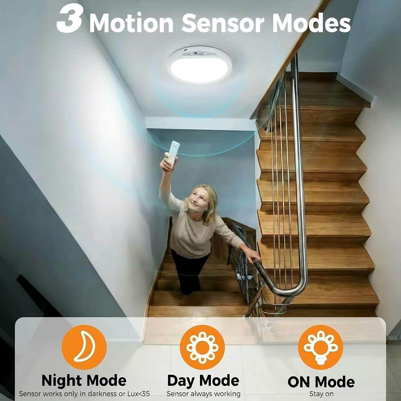 Magnetic rechargeable motion sensor ceiling light with remote control, 8000mAh, three level brightness adjustment, Lighting modes adjustable, no wiring required, battery powered, USB charging, suitable for wardrobes, showers, stairs, sheds, corridor