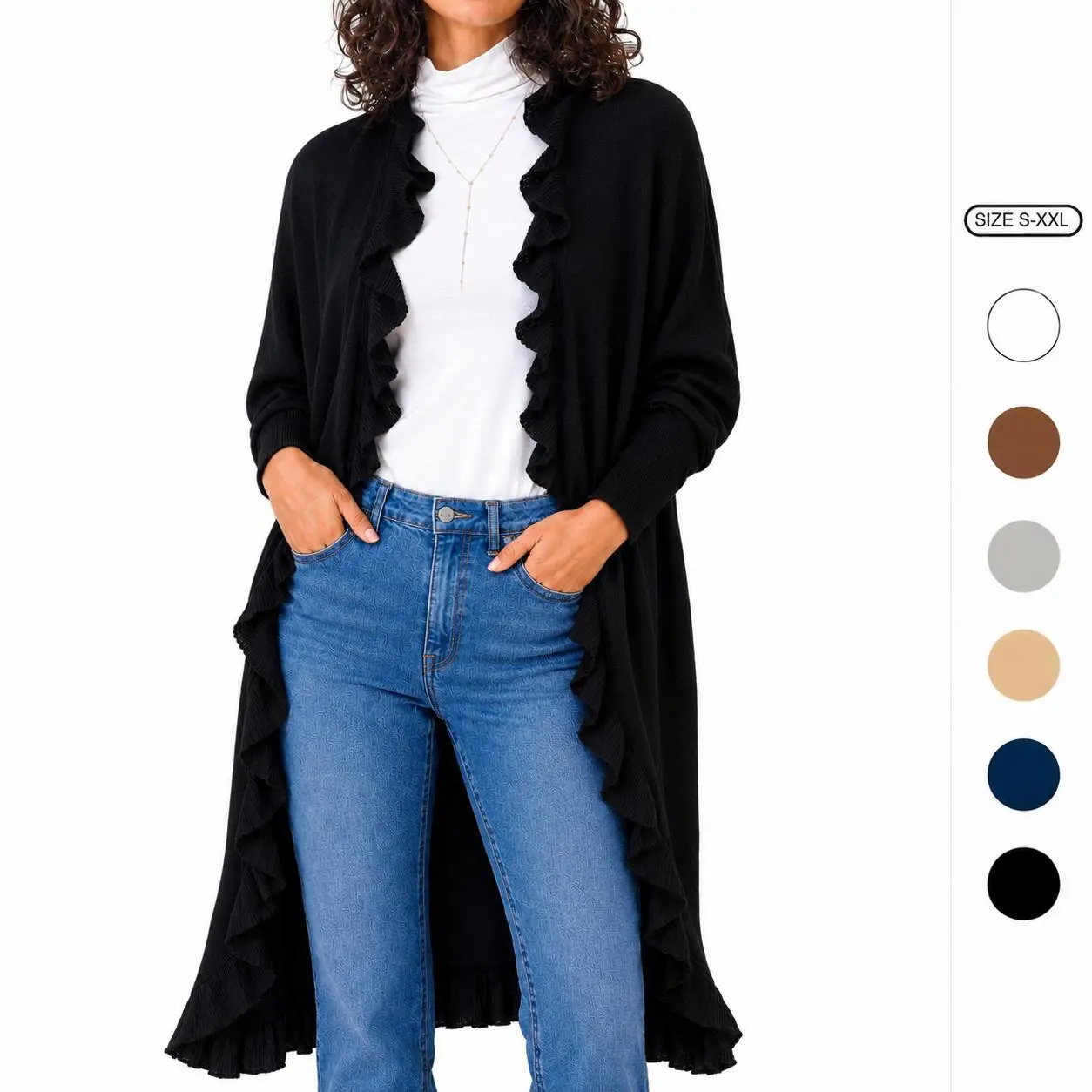Imily Bela Women Ruffle Trim Long Open Front Duster Sweater Long Sleeve Casual Lightweight Layering Outerwear