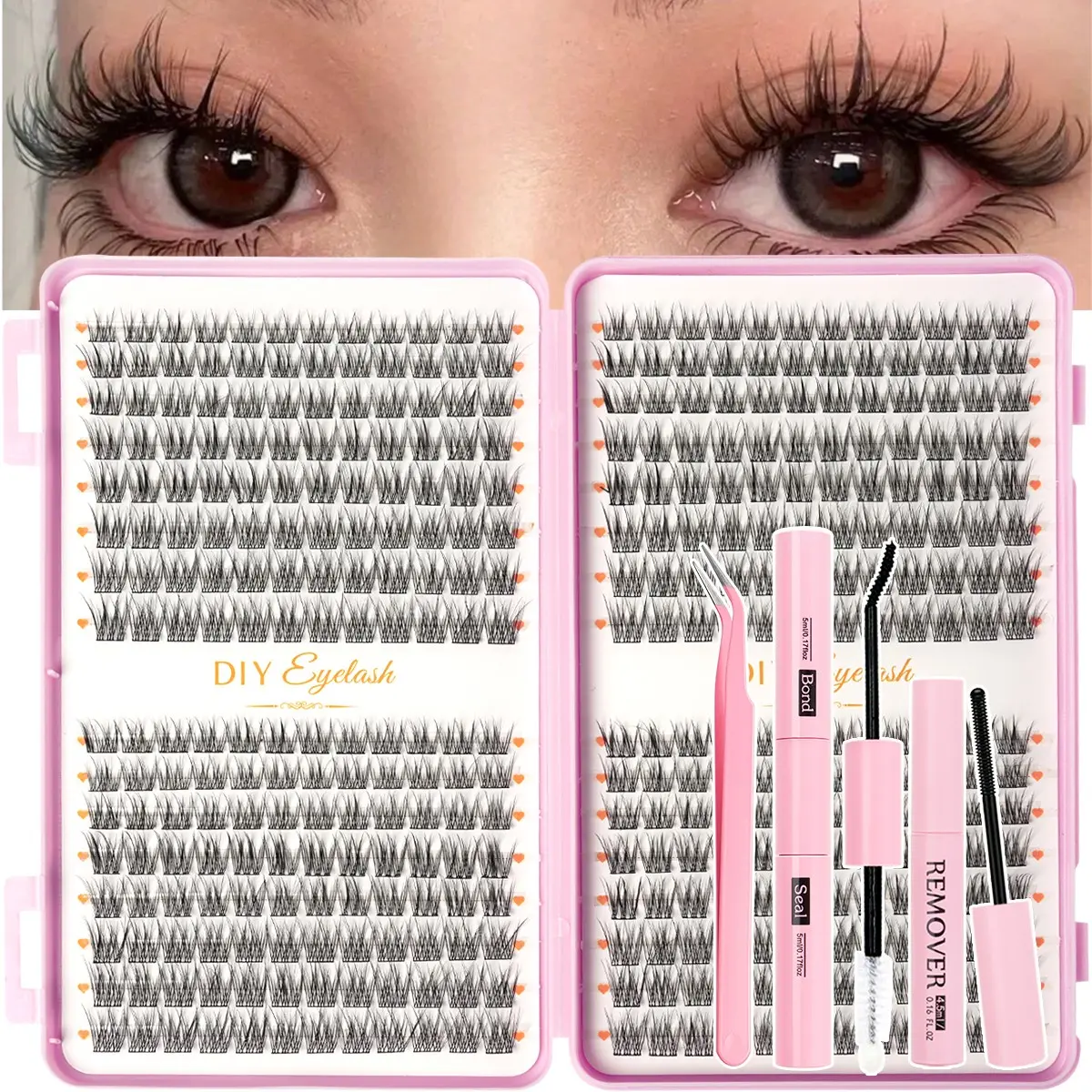 384pcs Professional DIY Eyelash Extension Kit, Natural Look, Lightweight & Wispy Look, Includes False Lashes, Bond, Seal, Remover & Tweezers, Beginner-Friendly