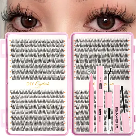 384pcs Professional DIY Eyelash Extension Kit, Natural Look, Lightweight & Wispy Look, Includes False Lashes, Bond, Seal, Remover & Tweezers, Beginner-Friendly