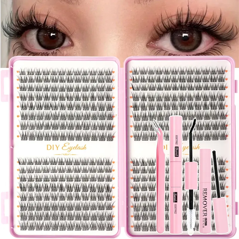 384pcs Professional DIY Eyelash Extension Kit, Natural Look, Lightweight & Wispy Look, Includes False Lashes, Bond, Seal, Remover & Tweezers, Beginner-Friendly