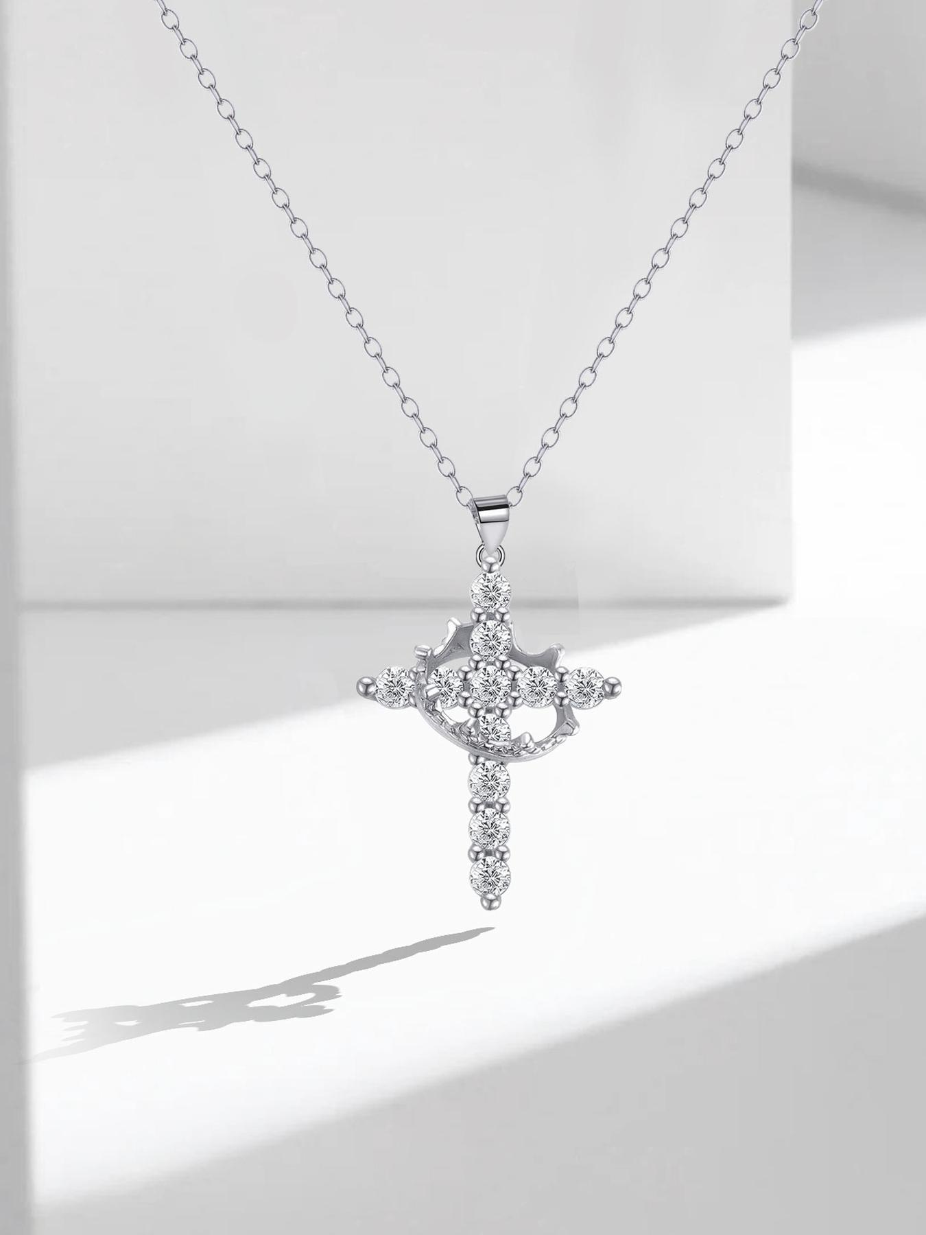 Women's Cz Birthstone Crown Cross Necklace Set, Colorful Fashion Pendant Exquisite Jewelry Gift Box, Christian Wife Mom Girlfriend Faith Present