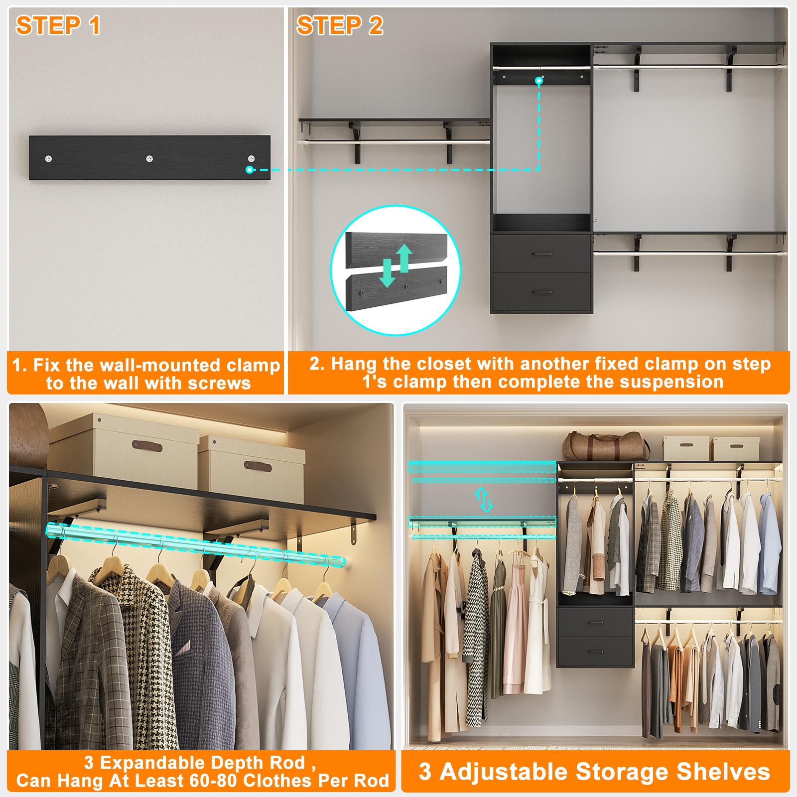 Deluxe Tower Closet Storage, 96 Inch Hanging Closet System, 8 FT Closet Organizer System with Hanging Rod, Walk In Mounted Closet System, Built-In Clothes Garment Rack with 2 Wooden Drawers & 3 Shelving Towers