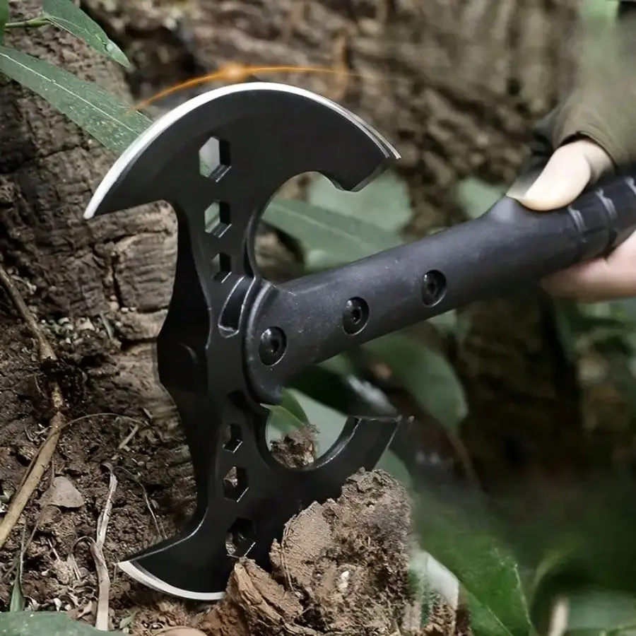 1pc 16 Inch Hand Forged Camping Axe With Sheath, Wood Handle Portable Compact Survival Axe, Multifunctional Black Bushcraft Carving Axe, Heavy‑Duty Hand Forged Axe Set For Wood Splitting Backyard Outdoor Camping Use