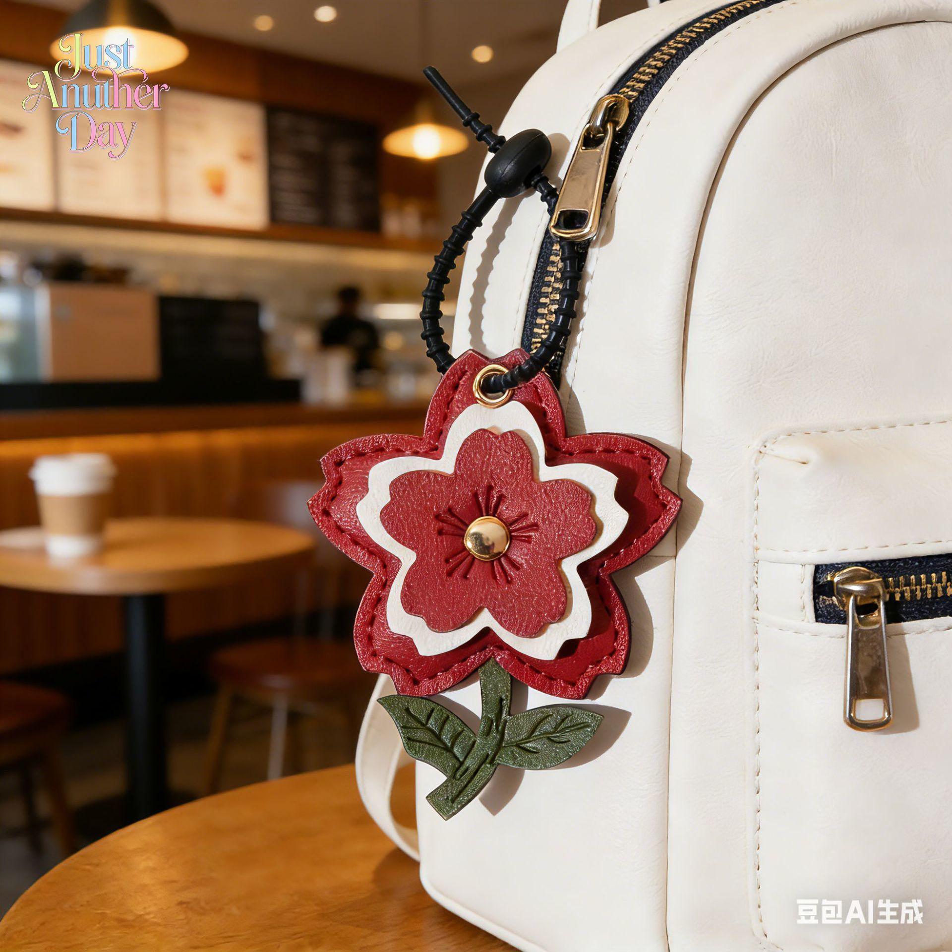 Handmade Stitched PU Leather Sakura Keychain, Creative Cherry Blossom Bag Charm, Cute Floral Accessory & Small Gift for Women