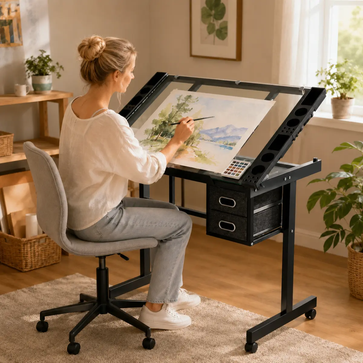Adjustable Art Drawing Desk Craft Station Drafting   with 2  fabric  Drawers and 4 Wheels (black)