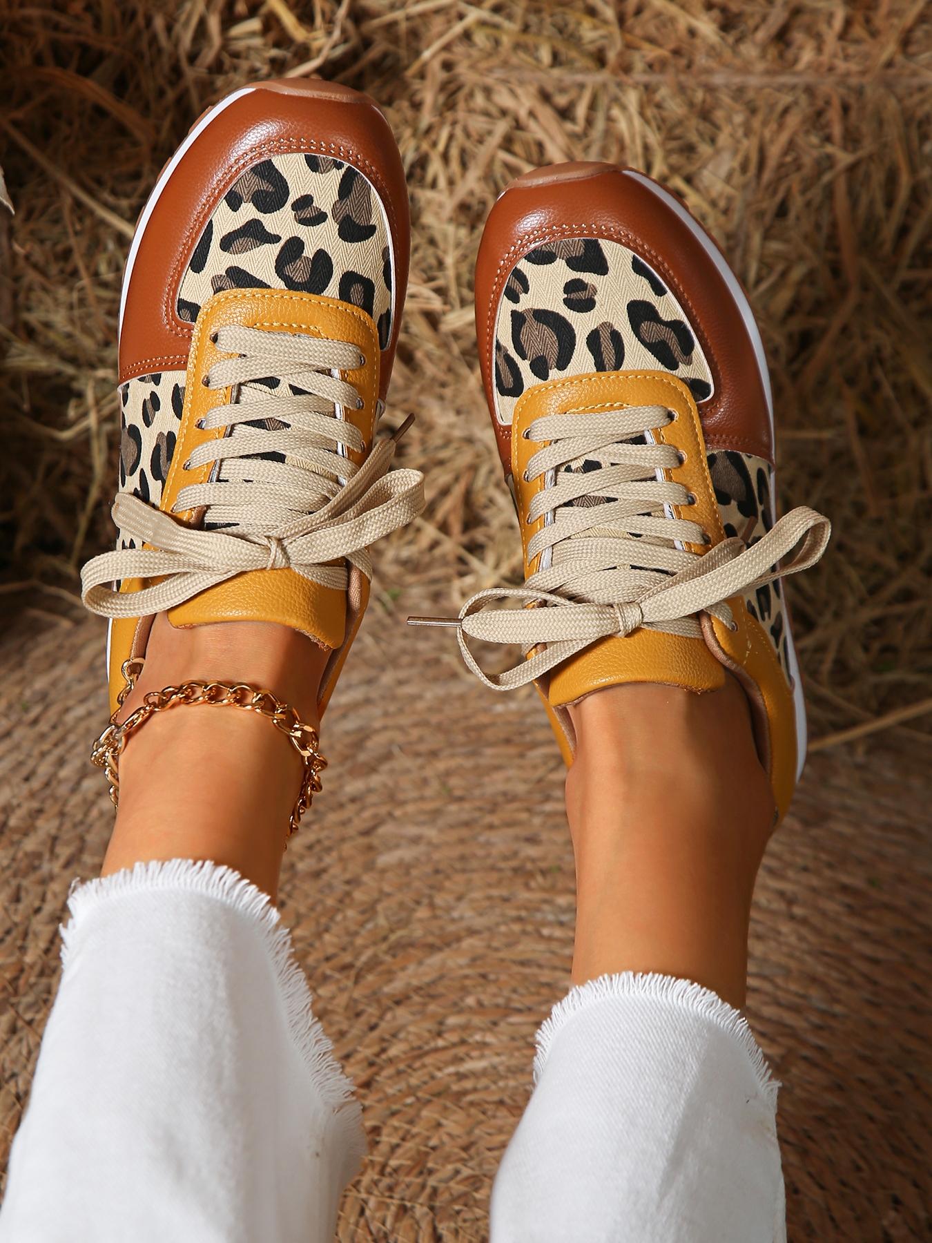 Women's Fashion Leopard Print Lace Up Low Top Sneakers, Casual Breathable Comfortable Sports Shoes, Female All-match Round Toe Shoes for Daily Wear