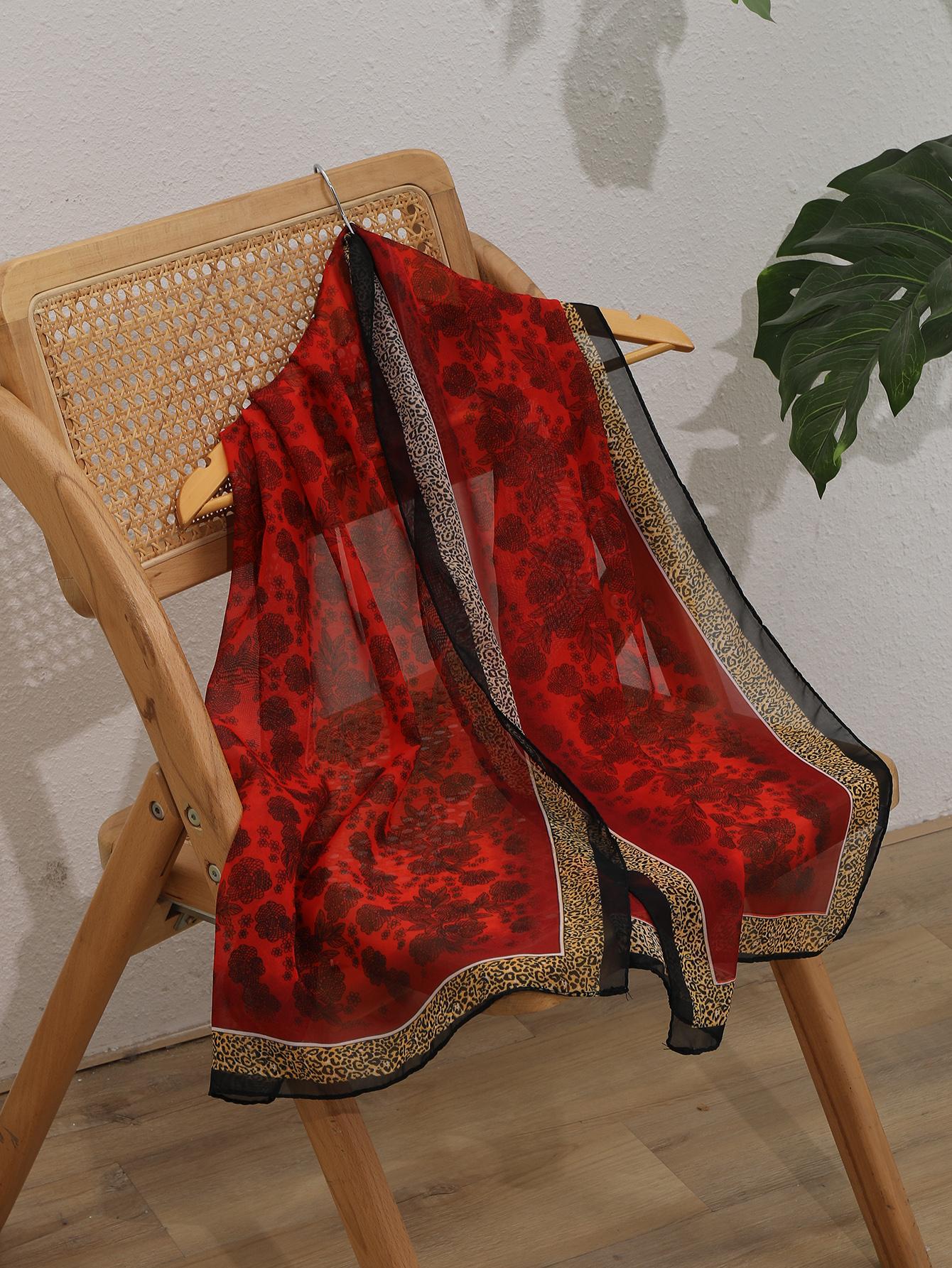 Women's Summer Scarf, Leopard Print Chiffon Wrap, Casual Loose-Fit Travel Shawl, Vintage Floral Beach Cover-Up, No Iron Required