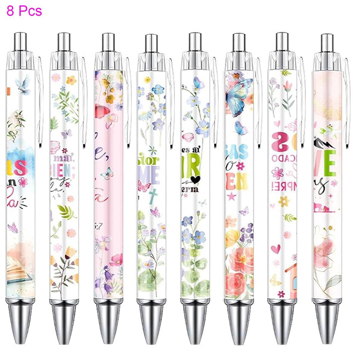 8/16/24 Pcs Bible Verse Ballpoint Pens, Inspirational Butterfly Smooth Writing BallPoint Pens, Spanish Christian Flower Pen Set, Religious Church Gifts for Women Men, Coworker Office School Supplies