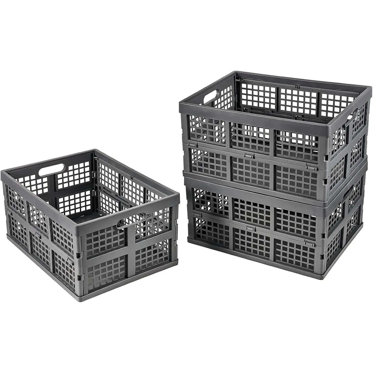3-Pack Plastic Folding Storage Crates, Grey Collapsible Basket, 30 L | Space-Saving Baskets, Folding Storage Containers for Organizing Tools, Books, Food, Drinks, Camping & Transport