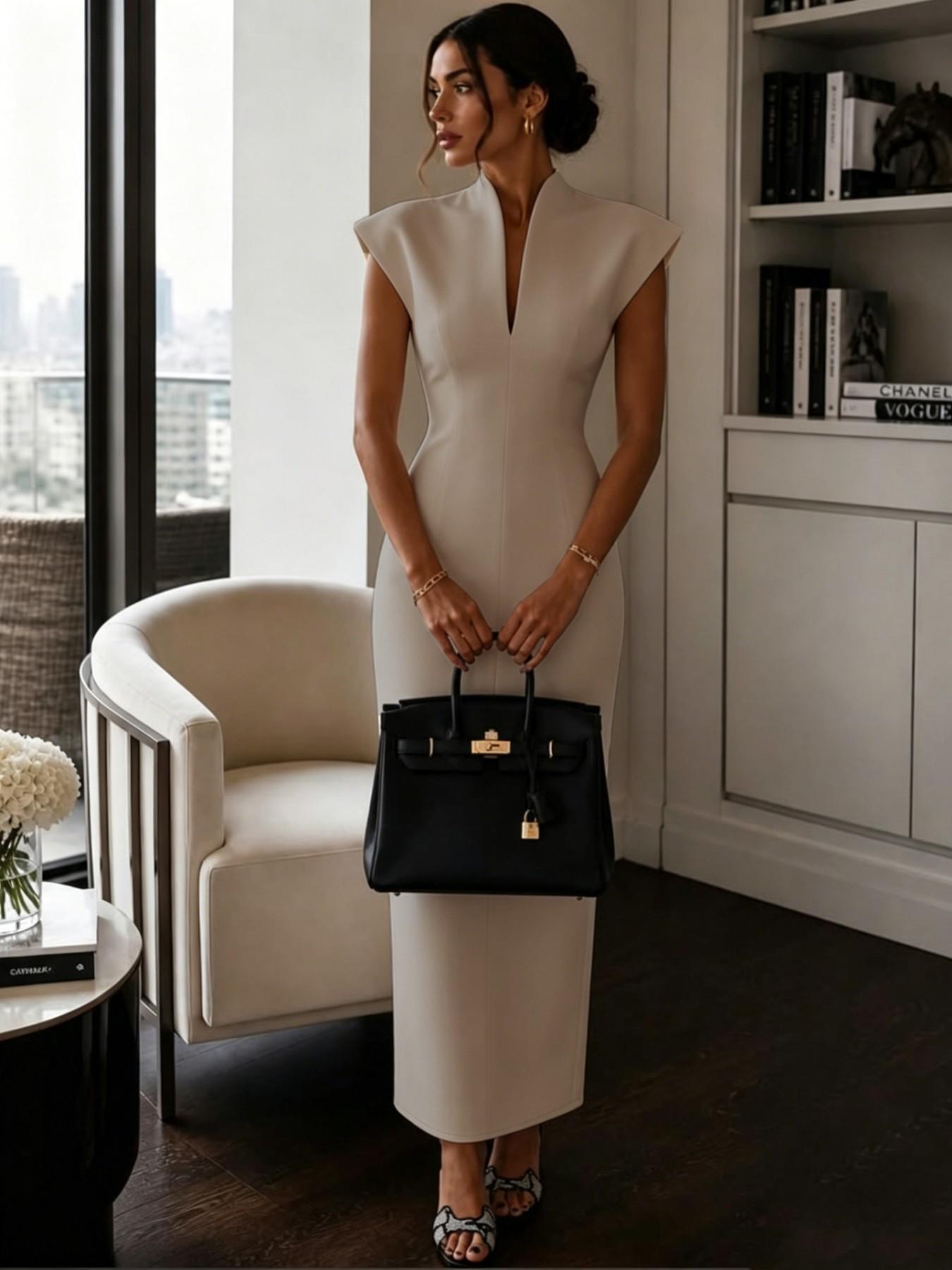 2026 Summer New Stand Collar V Neck Sleeveless High Waist Bodycon Dress, Solid Color Elegant Slimming Party Gown, Fashionable A-Line Skirt