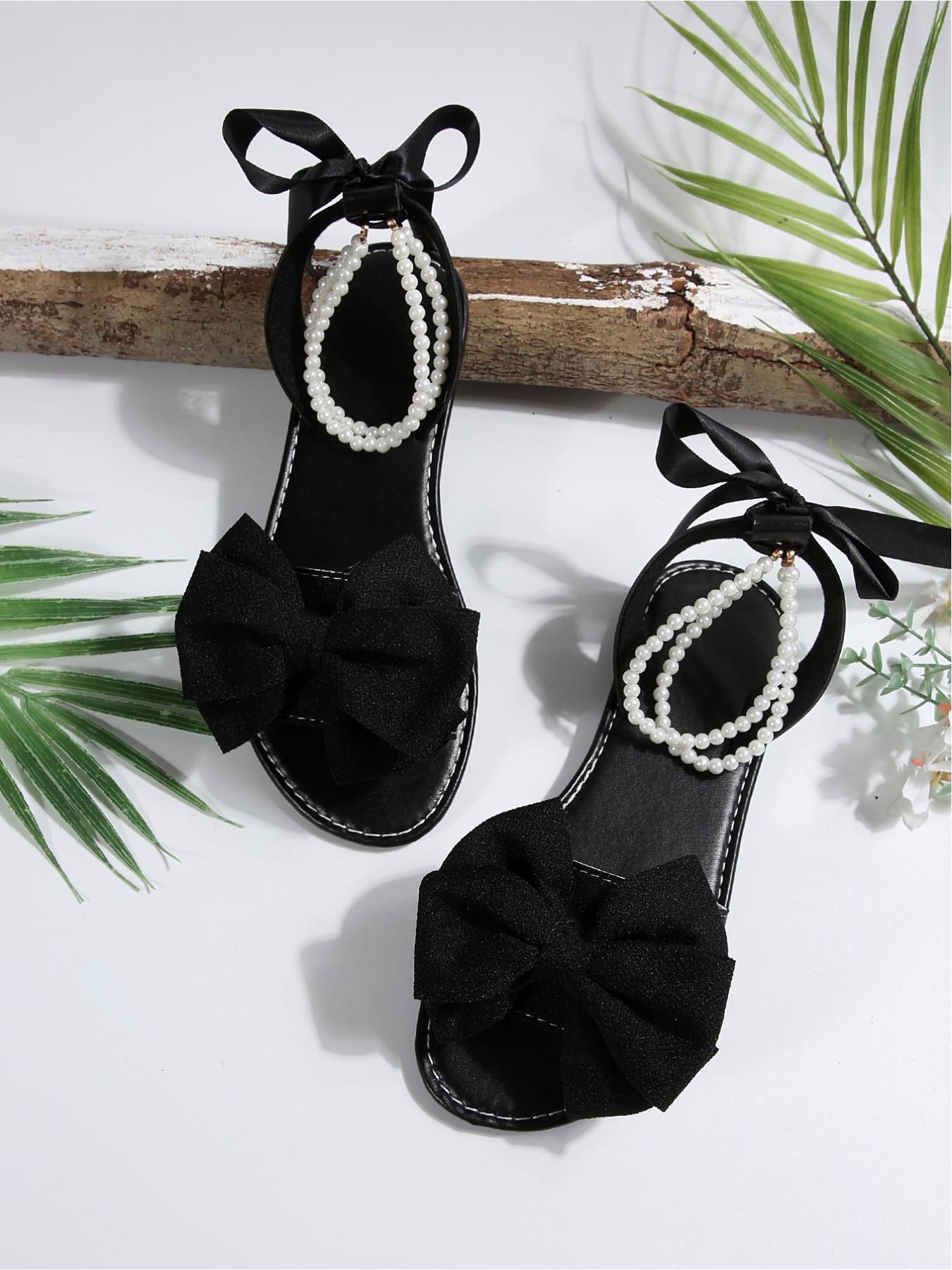 Women's Bow Decor Pearl Ankle Strap Flat Sandals, Open Toe Lace Up Bohemian Beach Shoes, Sizes 36-43 Multiple Colors