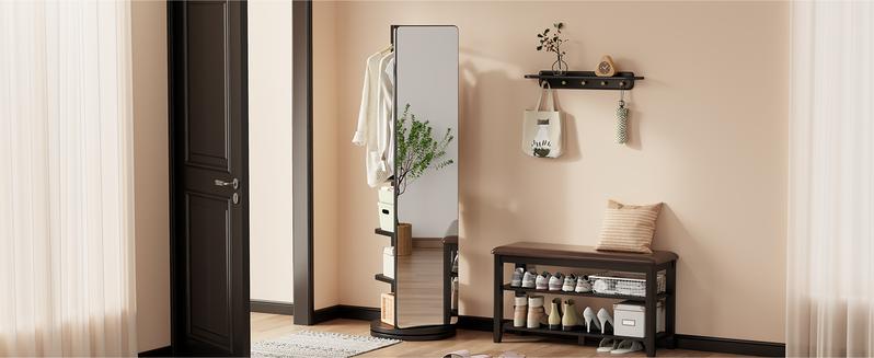 【HOT】Full Length Mirror,Full Body Mirror Solid Wood Floor Mirror with Coat Rack, Full Length Mirror with Stand Long Mirrors for Bedroom,Living Room, Multifunctional, Space Saving