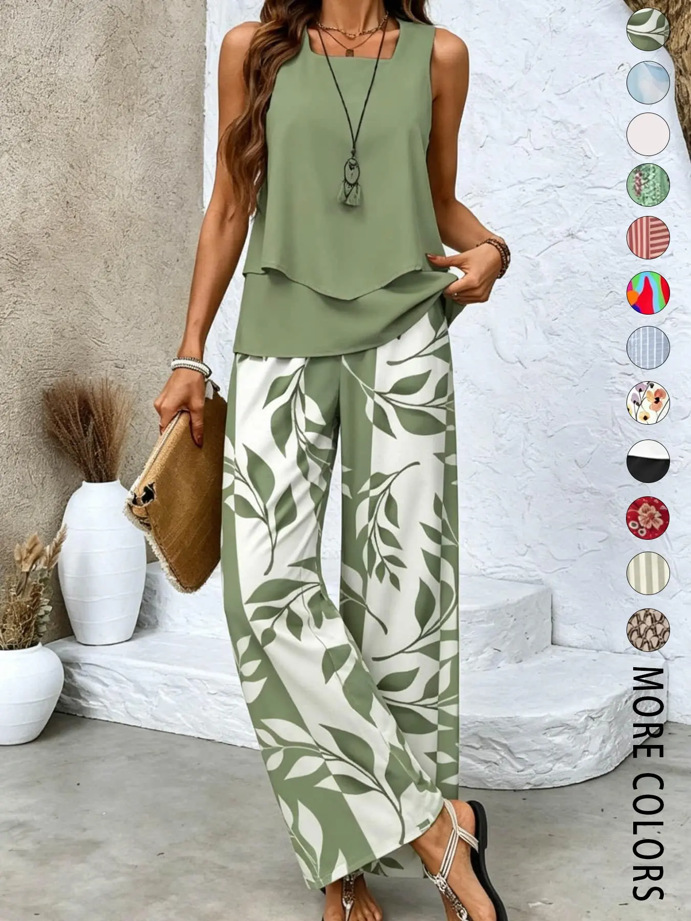 Two piece Pants Top Set for women's fashionable and lazy vacation style, with a thin breathable vest design, suitable for summer, vacation travel, home leisure, light date dressing.