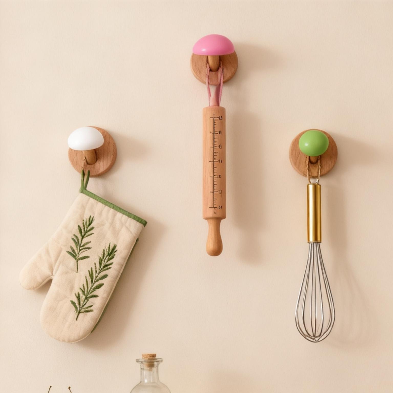 2 Non Perforated Solid Wood Beech Mushroom Hooks with Strong Adhesive and Seamless Installation, Wall Mounted Multifunctional Storage Hooks Suitable for Creative Adhesive Hooks Behind Doors/Entrances/Bathrooms