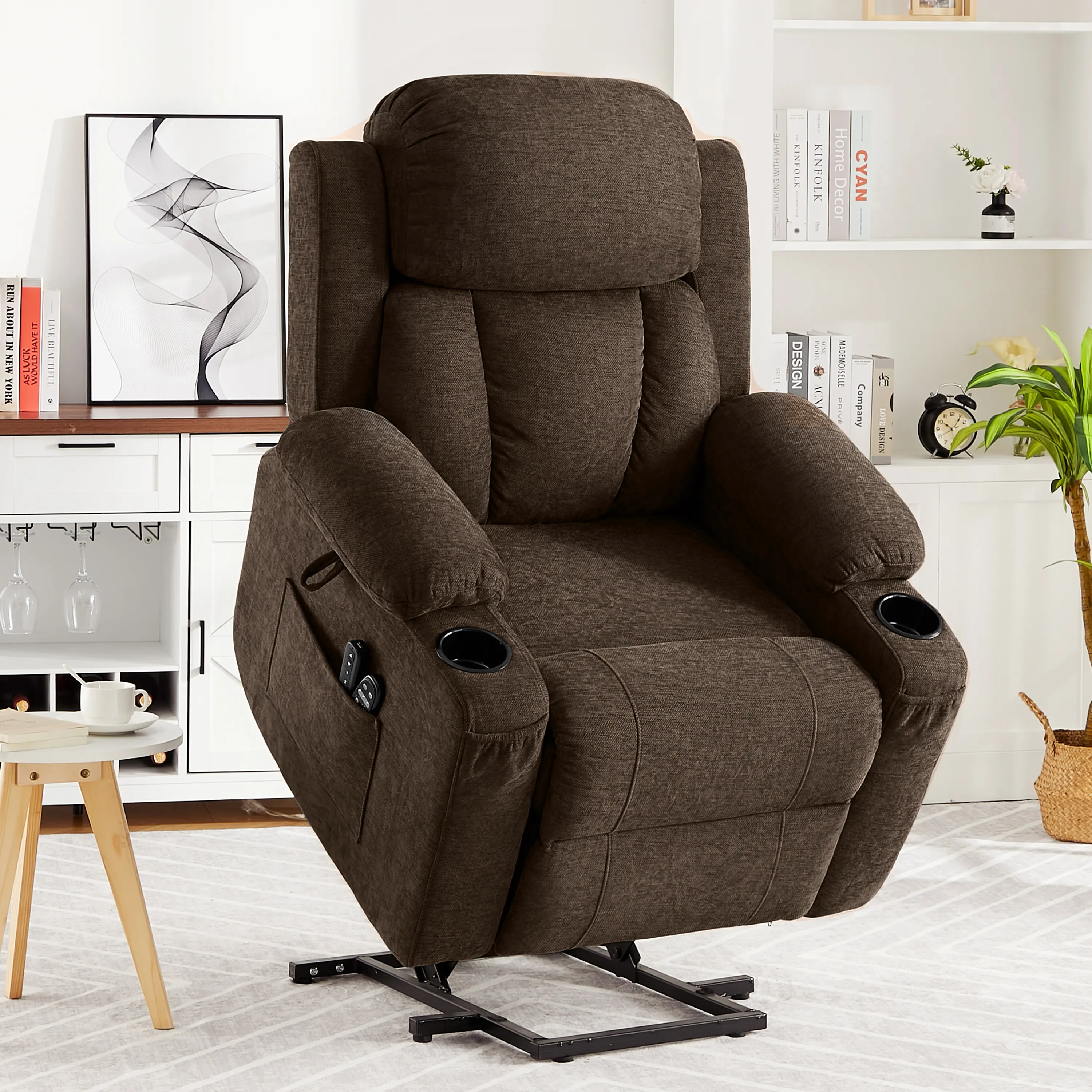 Oversized Power Lift Recliner Chair for Seniors - Heat & Full-Body Massage - Chenille Upholstery - Electric Lift Reclining Sofa Chair with USB Port, 2 Cup Holders & Side Pocket