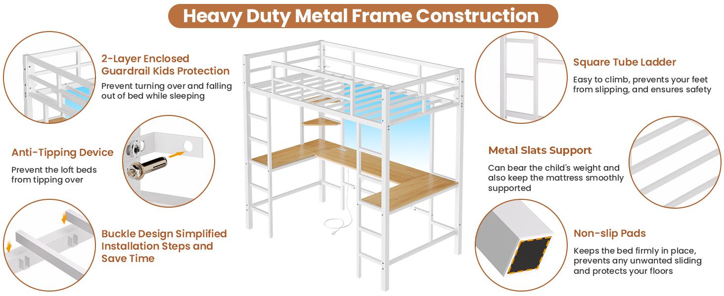 Sikaic Twin Size Loft Bed with U shaped Desk and LED Lights, Metal Bed Frame with Charging Station and Ladder, No Box Spring Needed, White Unique Bedroom Furniture