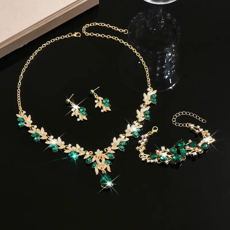 Eco-Friendly Fashion Jewelry Set - Shimmering, Stylish Flowers Crystal Water Drop Bridal Necklace, Earrings & Bracelet, Flowers Jewelry Sets, Shimmering Jewelry Sets
