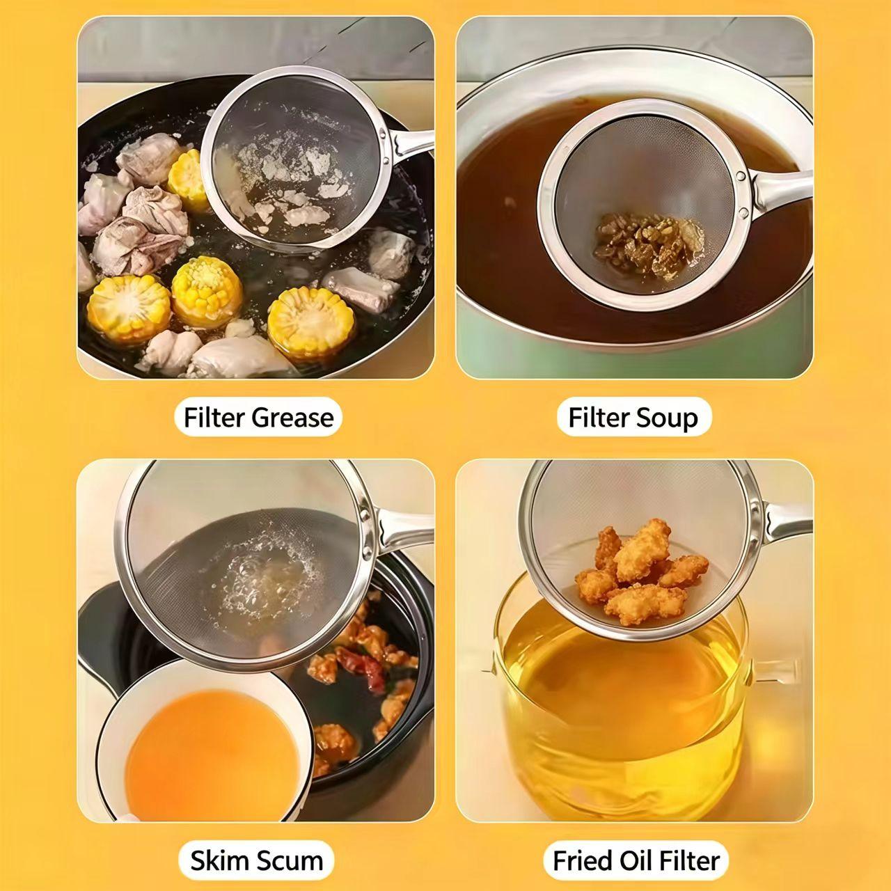 Multi-Use Stainless Steel Fine Mesh Strainer Ladle, Anti-Scald Long Handle Skimmer for Oil, Broth, and Food Residue, Ideal for Home Cooking and Frying