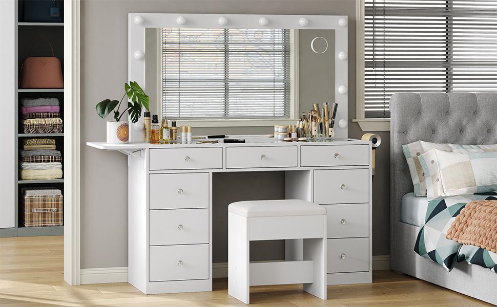 FUSOU 47"W 9 Drawers Vanity Set with Fold-up Panel, Vanity Desk with Power Outlet, Makeup Vanity with Lighted Mirror, 3 Lighting Modes Adjustable, Glass Top, Vanity Table with Chair for Bedroom