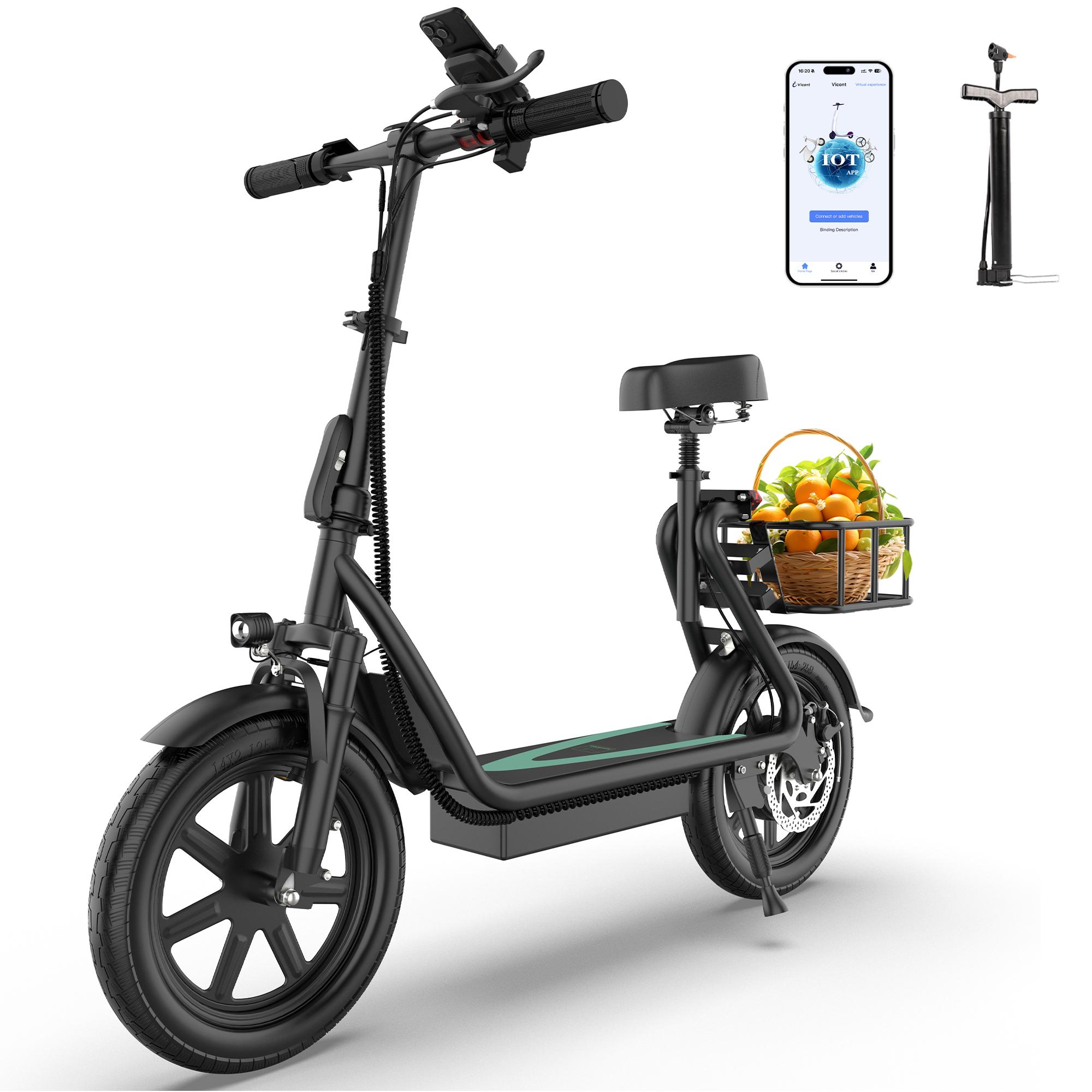 Electric Scooter for Adults with Seat,48V 10.4Ah Battery, Top Speed 22 mph, Driving Range 21-27 Miles, Pet-Friendly Design with Rear Basket