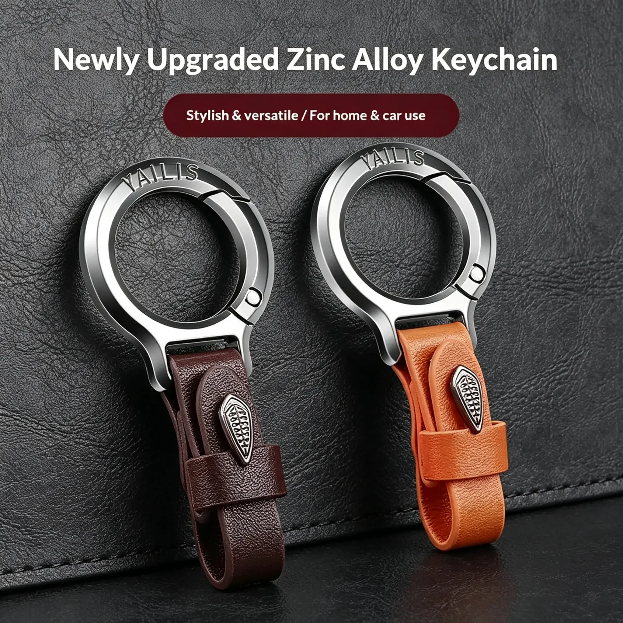 (FS) Classic Zinc Alloy Anti-Lost Key Ring with Buckle Strap, Unisex 1-Touch Snap Hook, 3 Blue Cowhide Leather Key Holder, Lightweight Durable EDC for Car/Home Commute, Car Interior Accessory